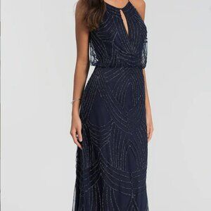 Kleinfeld Navy Blue Keyhole Beaded Formal Dress